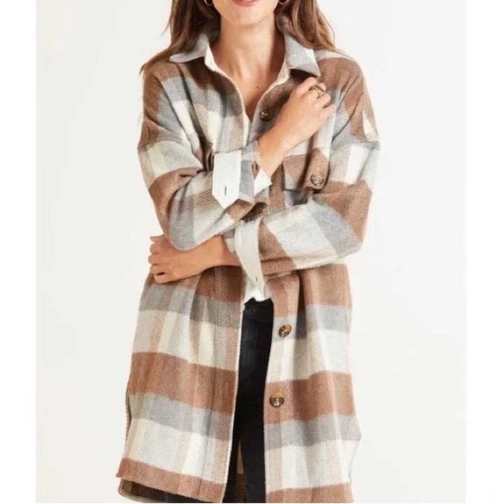 NWT Evereve Brown, Cream, Camel, Tan Plaid Shacket Size Large C1